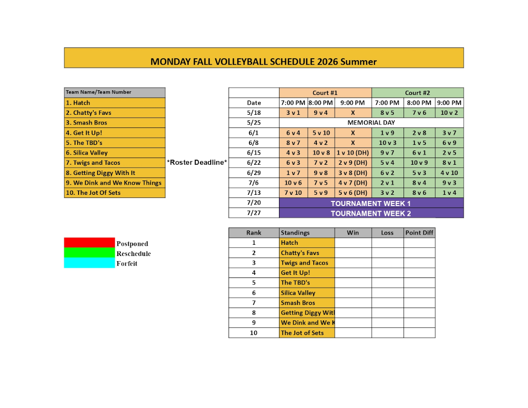 Monday Schedule Summer 2026