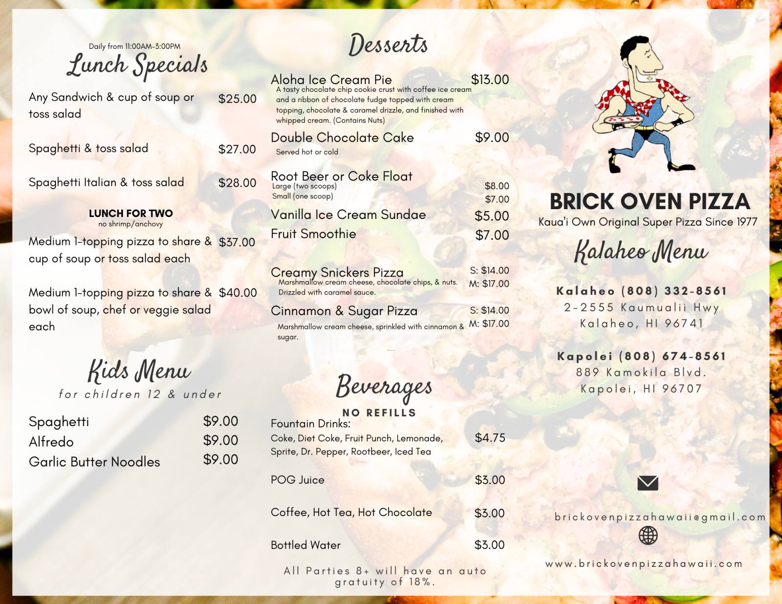 Brick Owen Pizza menu 1