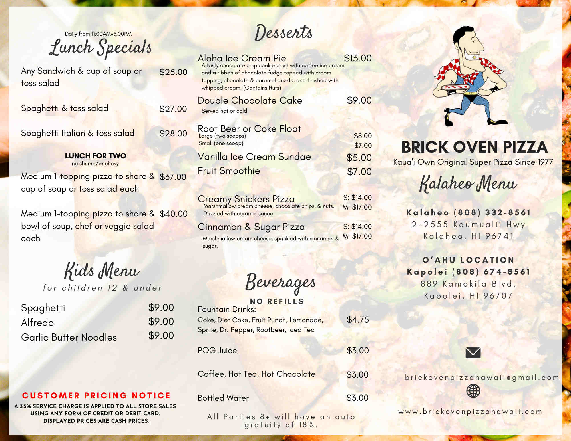 Brick Owen Pizza menu 1