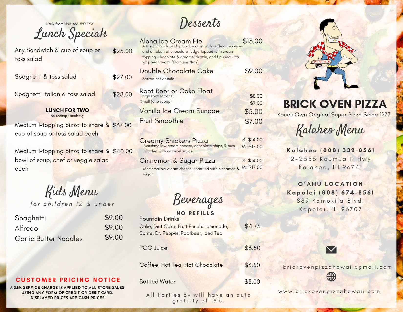 Brick Owen Pizza menu 1