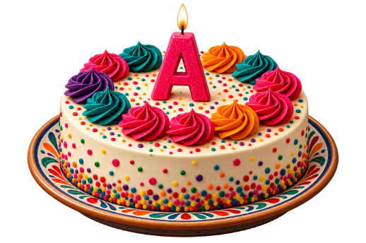 Decorated birthday cake with a lit candle