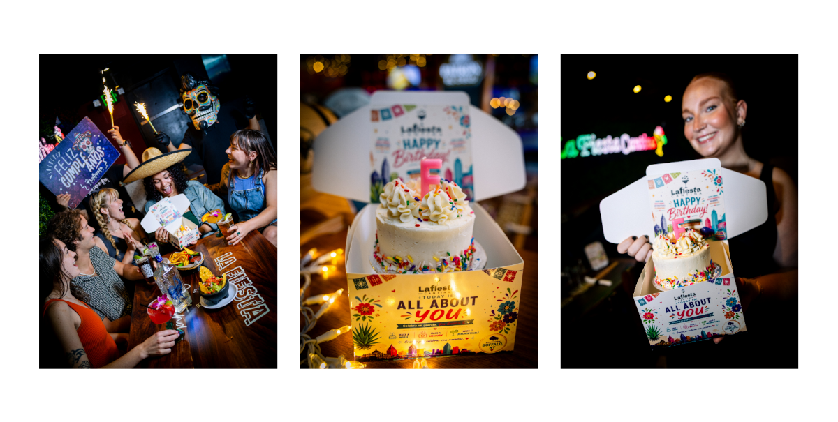 Birthday celebration with cake and friends at La Fiesta Cantina