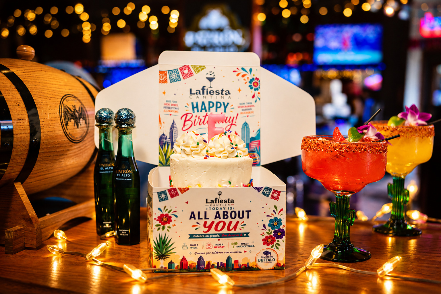 La Fiesta Cantina birthday cake in a decorated gift box