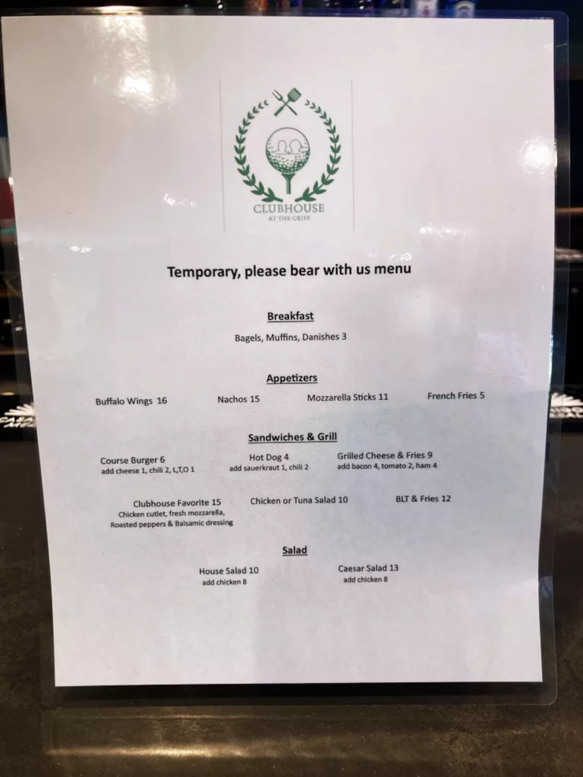 Clubhouse Menu