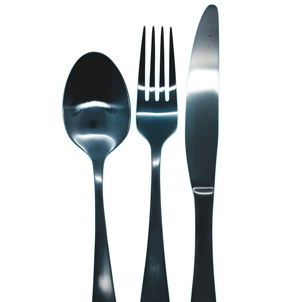 A set of silverware items: fork, knife, and spoon.