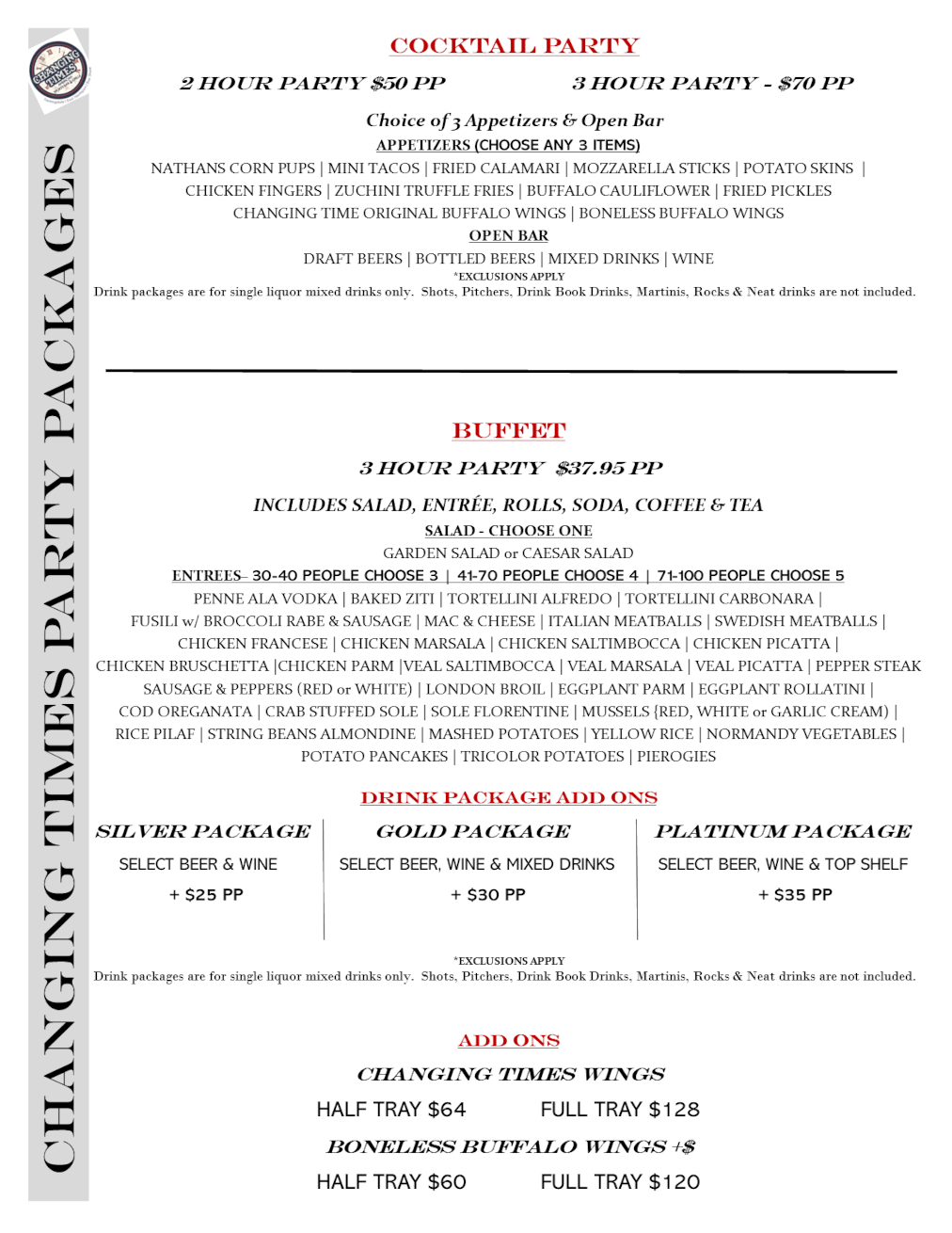 Changing Times Ale House parties menu