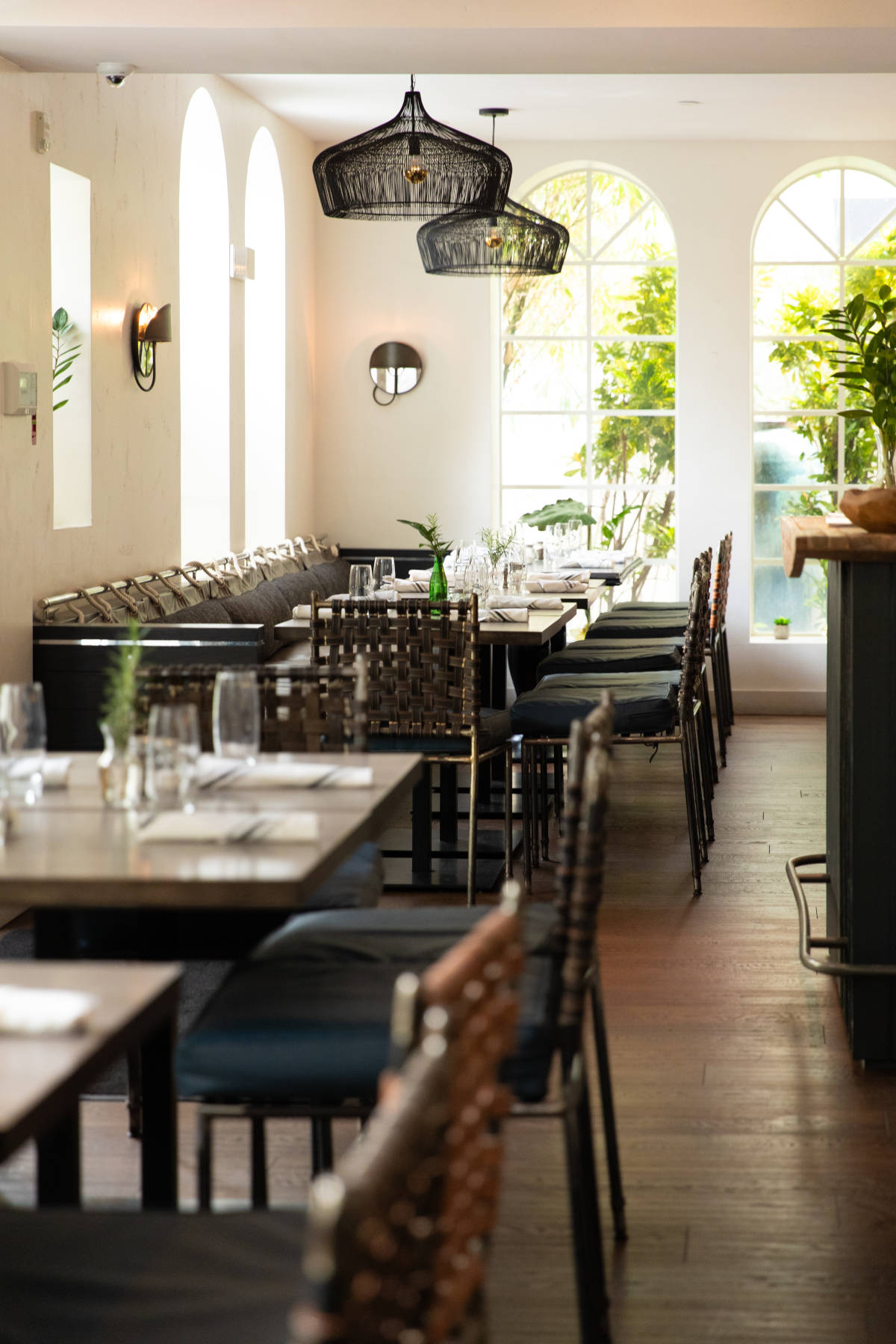 A modern restaurant interior with wooden tables, cushioned chairs, and large windows.