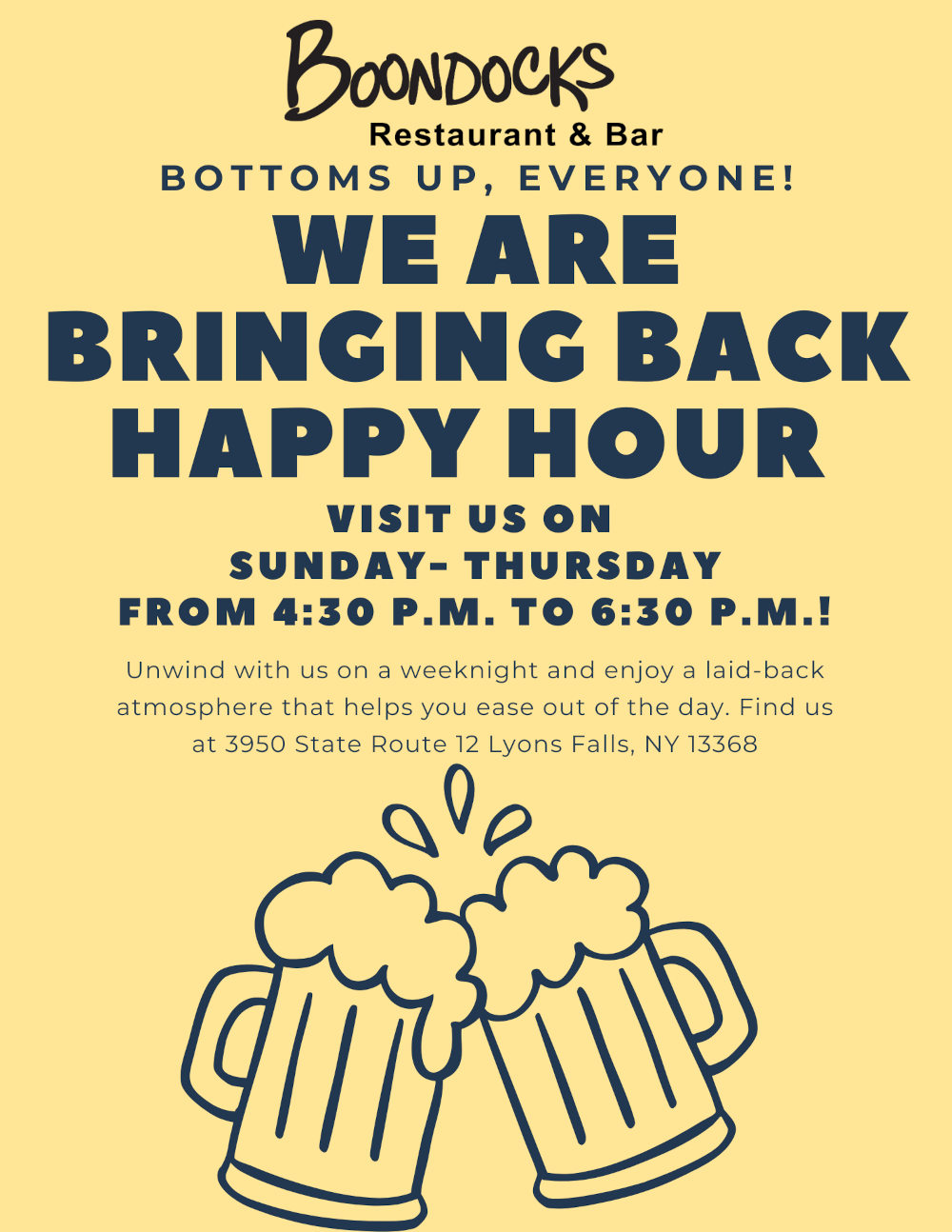 boondocks restaurant and bar, bottoms up, everyone! we are bringing back happy hour