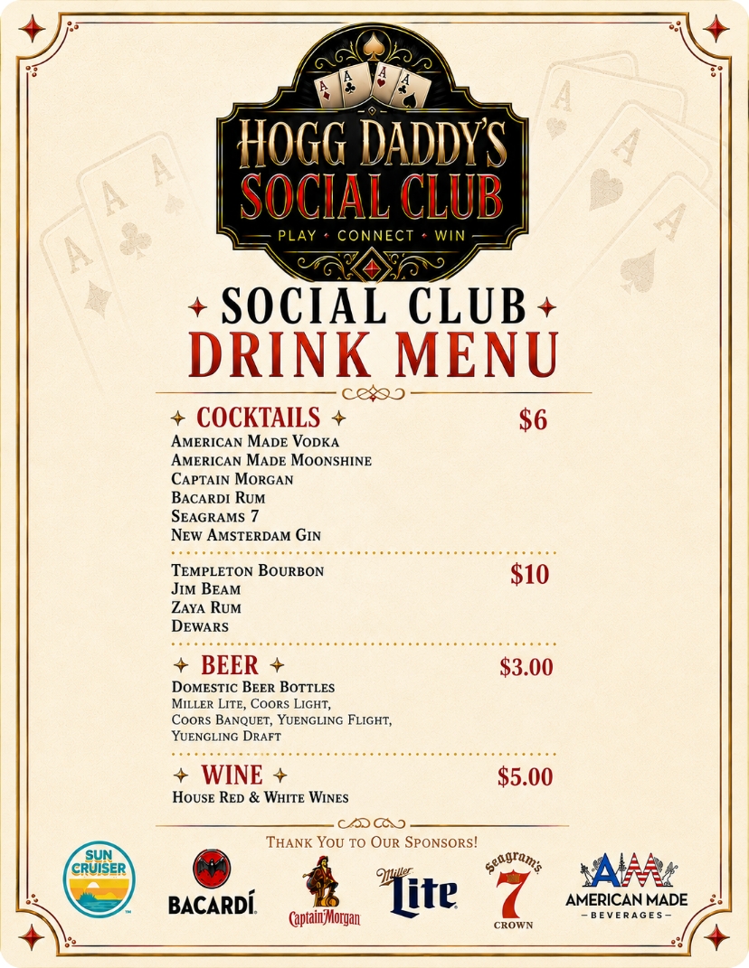 Social club drinks menu