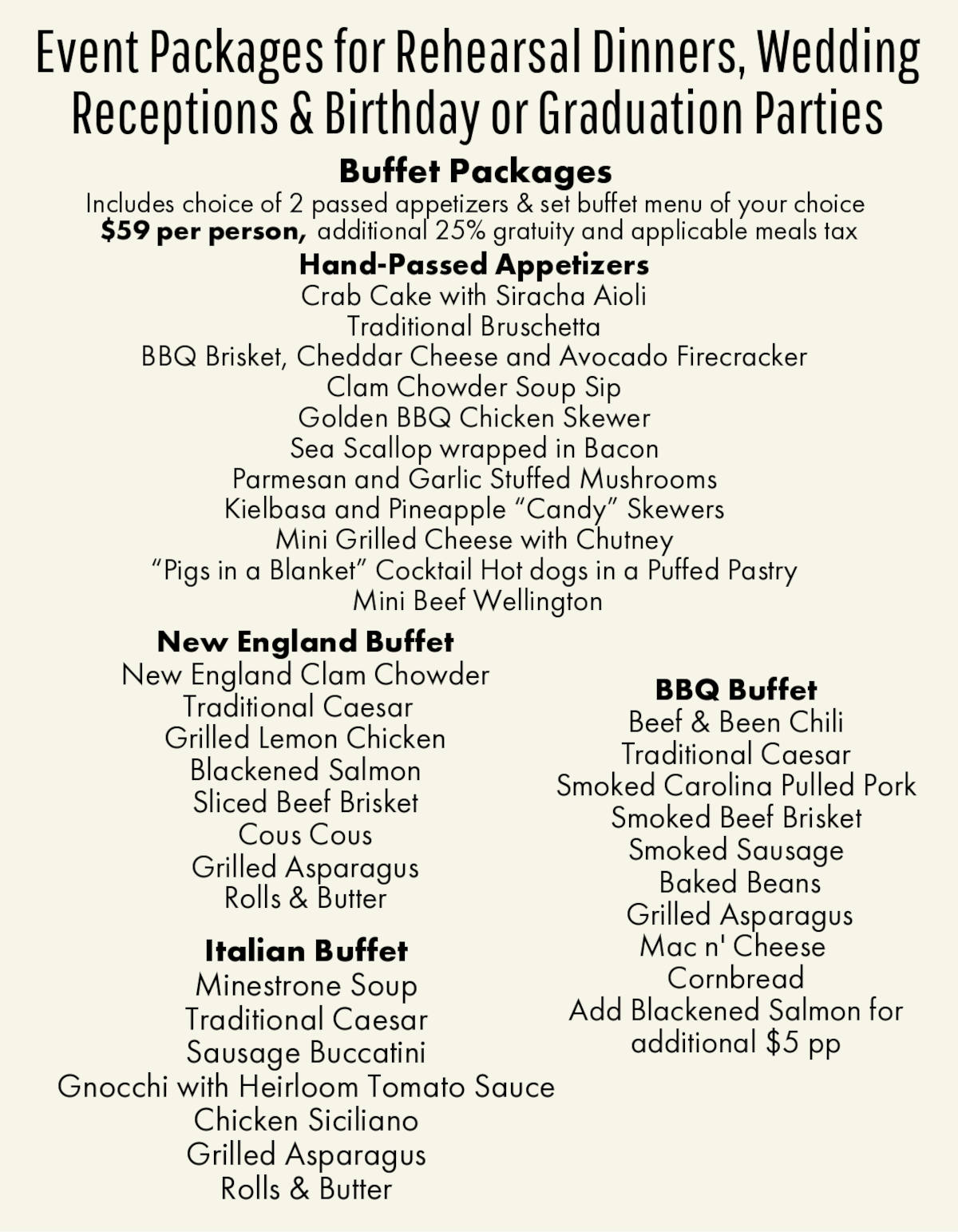 events packages for rehearsal dinners, weddings receptions and birthday or graduation parties