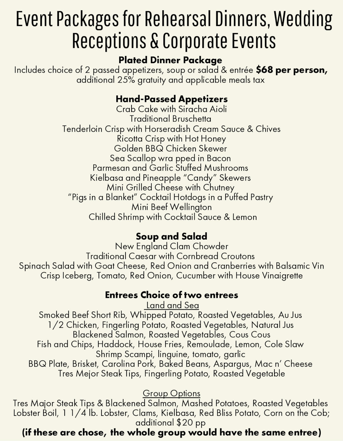 events packages for rehearsal dinners, weddings receptions and corporate events