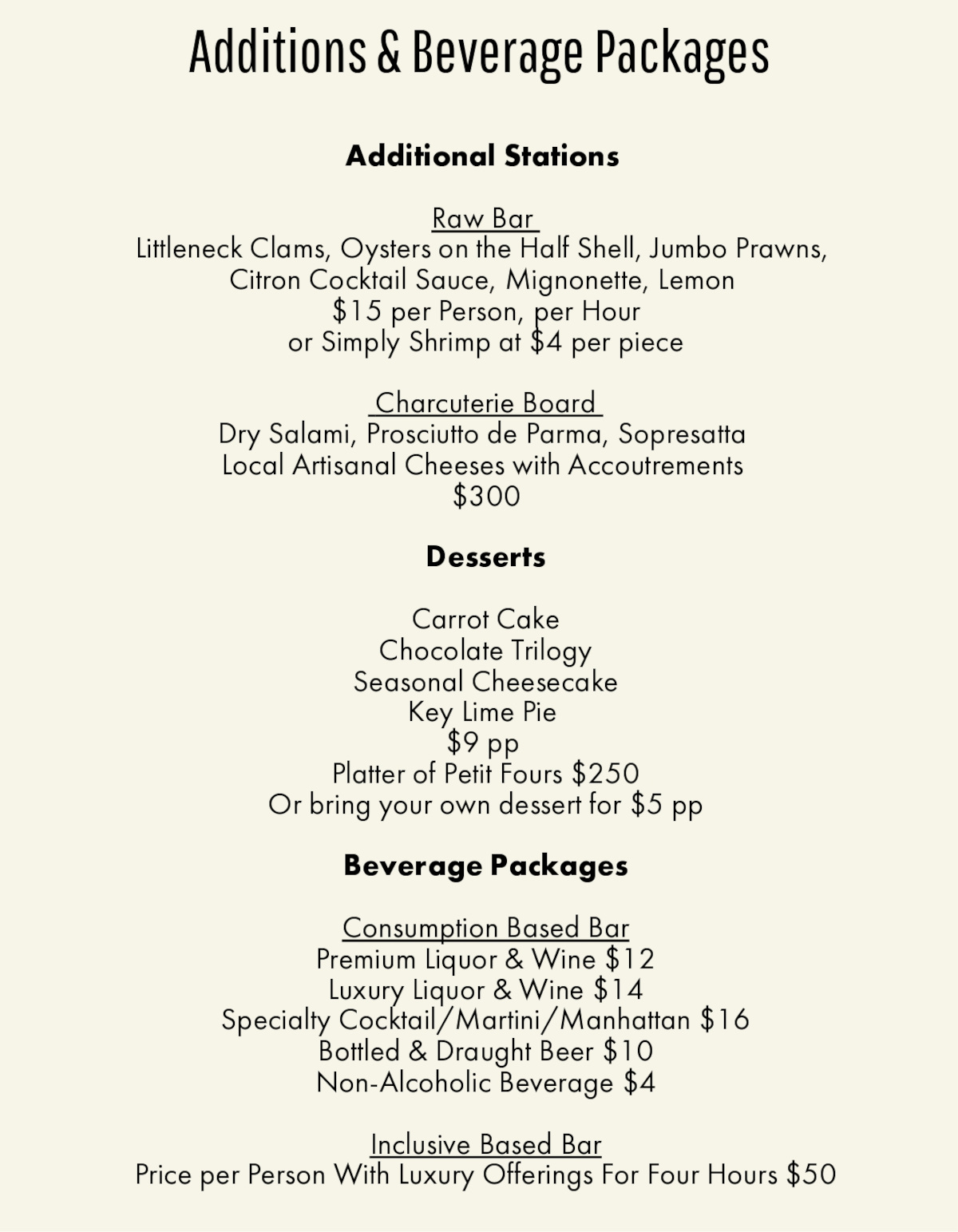 additions and beverage packages