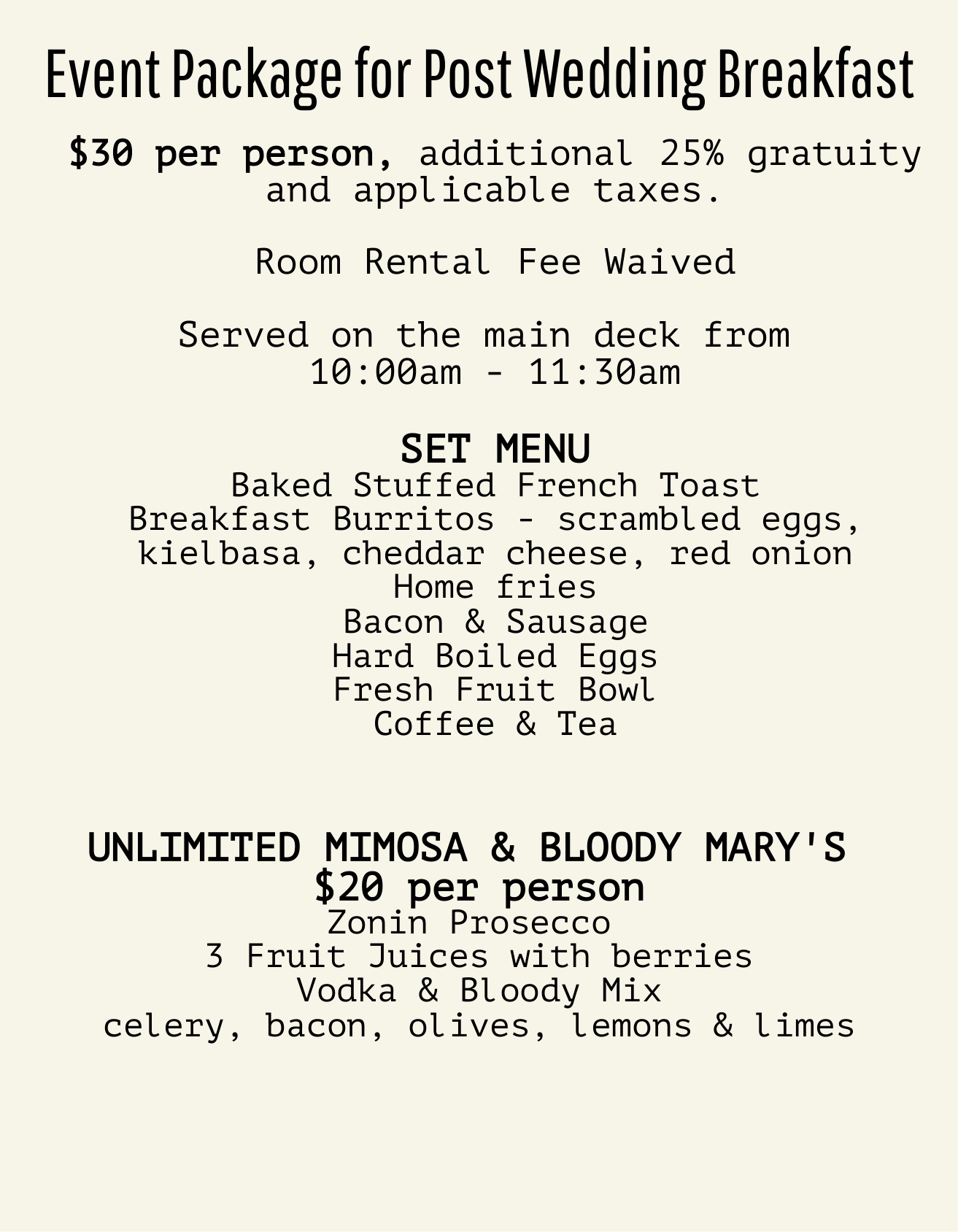 events packages for post wedding breakfast