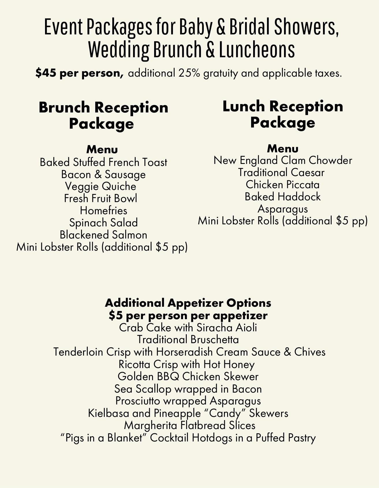 events packages for baby and bridal showers, wedding brunch and luncheons