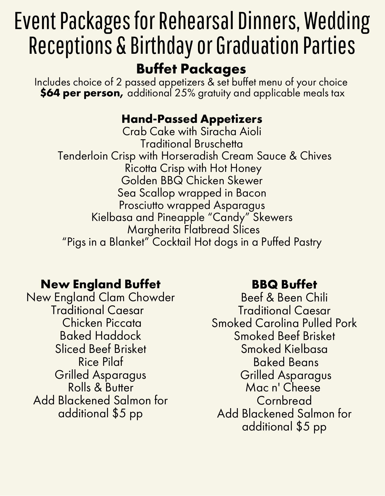 events packages for rehearsal dinners, weddings receptions and birthday or graduation parties