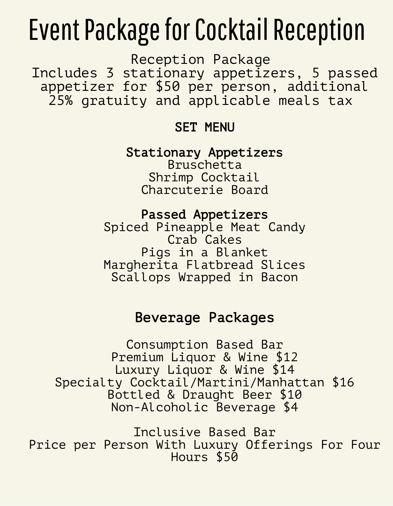 events packages for cocktail reception