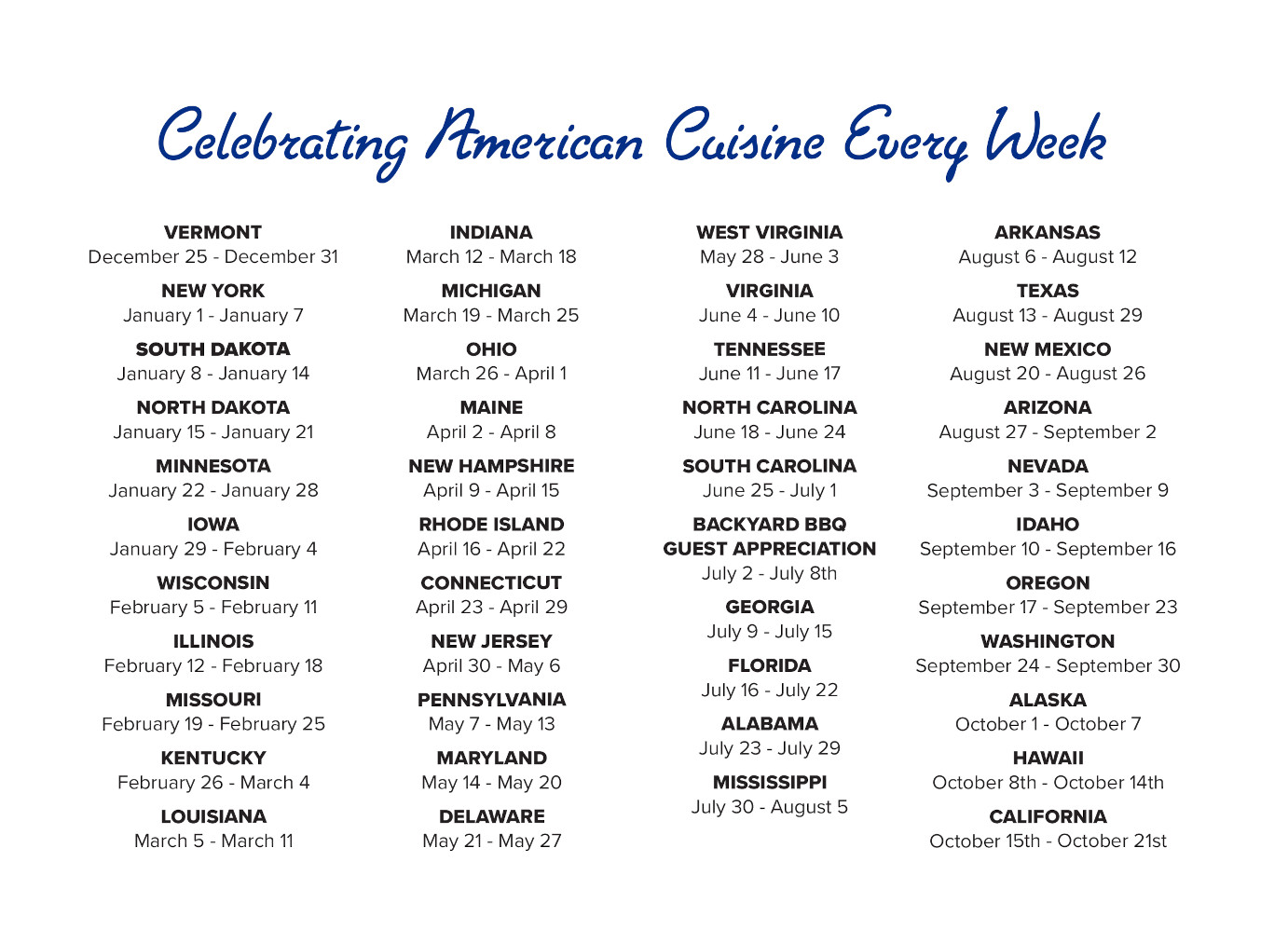 Celebrating American cuisine every week - menu