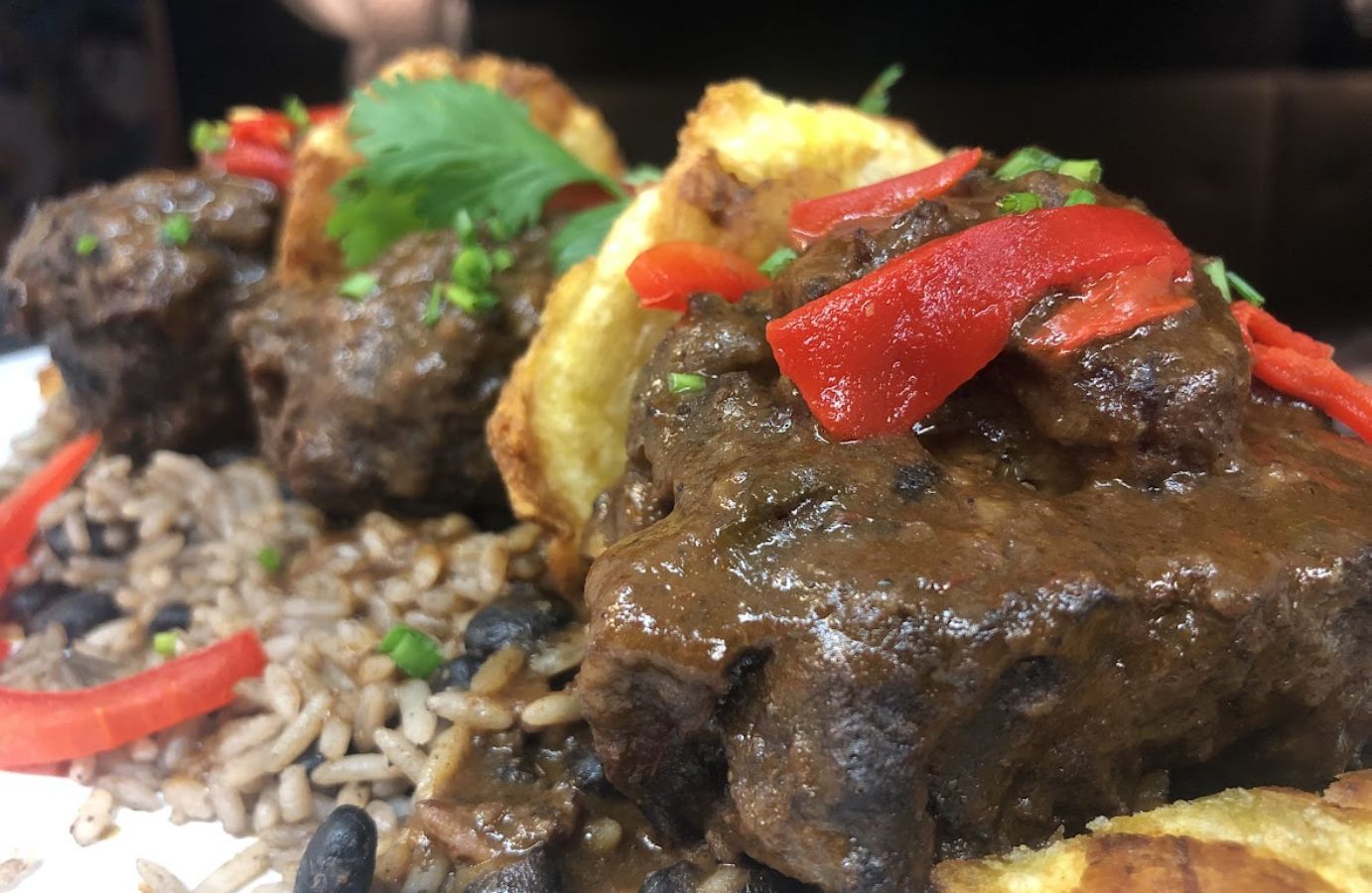 Closeup of a Caribbean-style braised oxtails dish