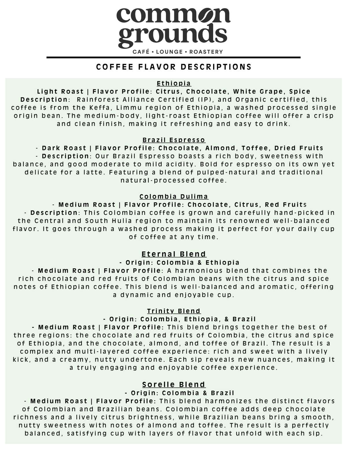 Wholesale Coffee Descriptions