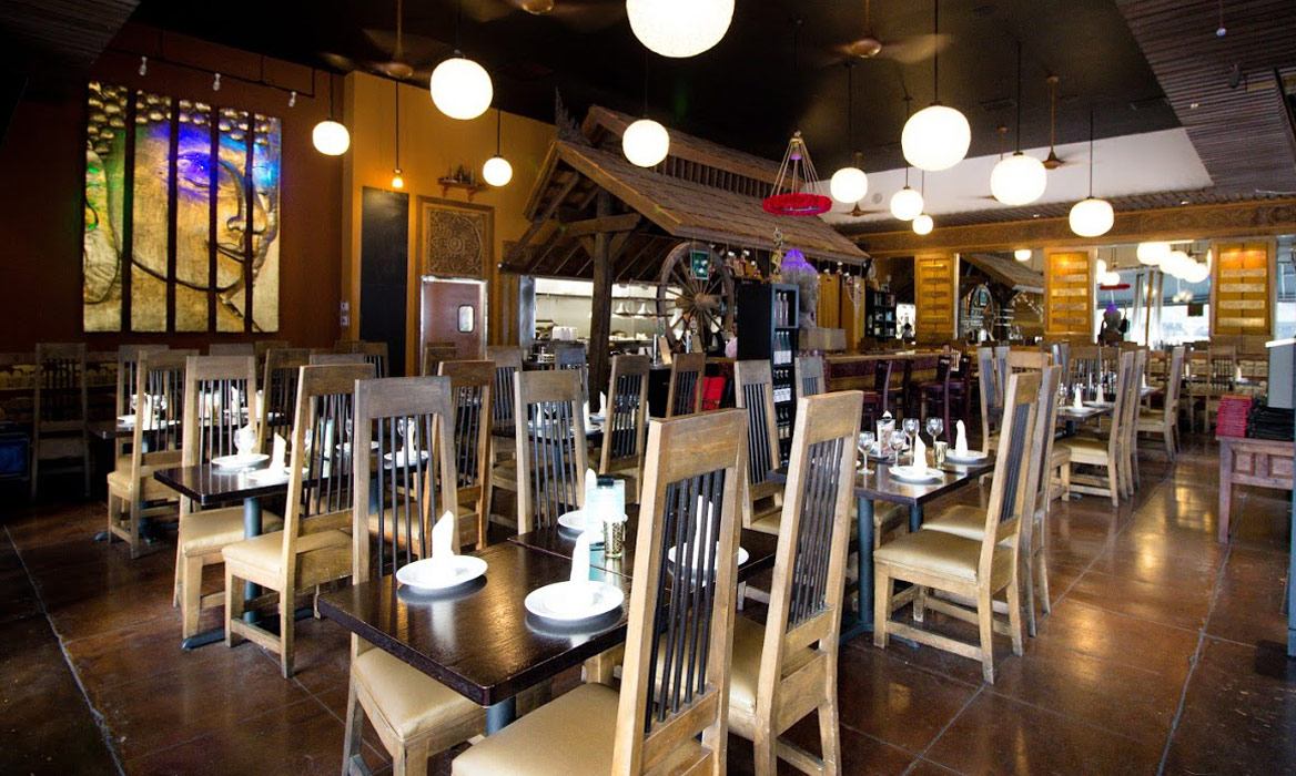 Interior, set tables with chairs, various decorations