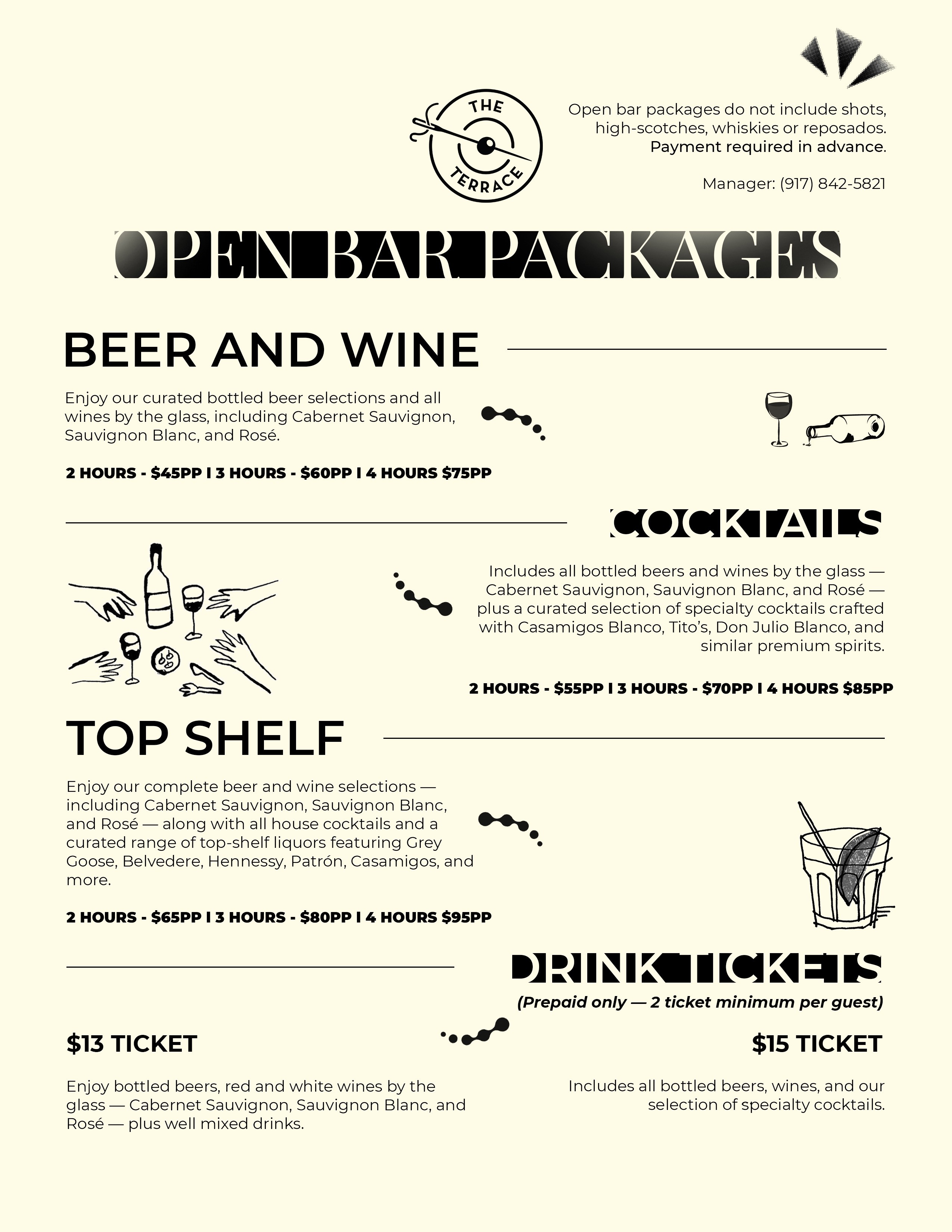 Open bar packages - price menu