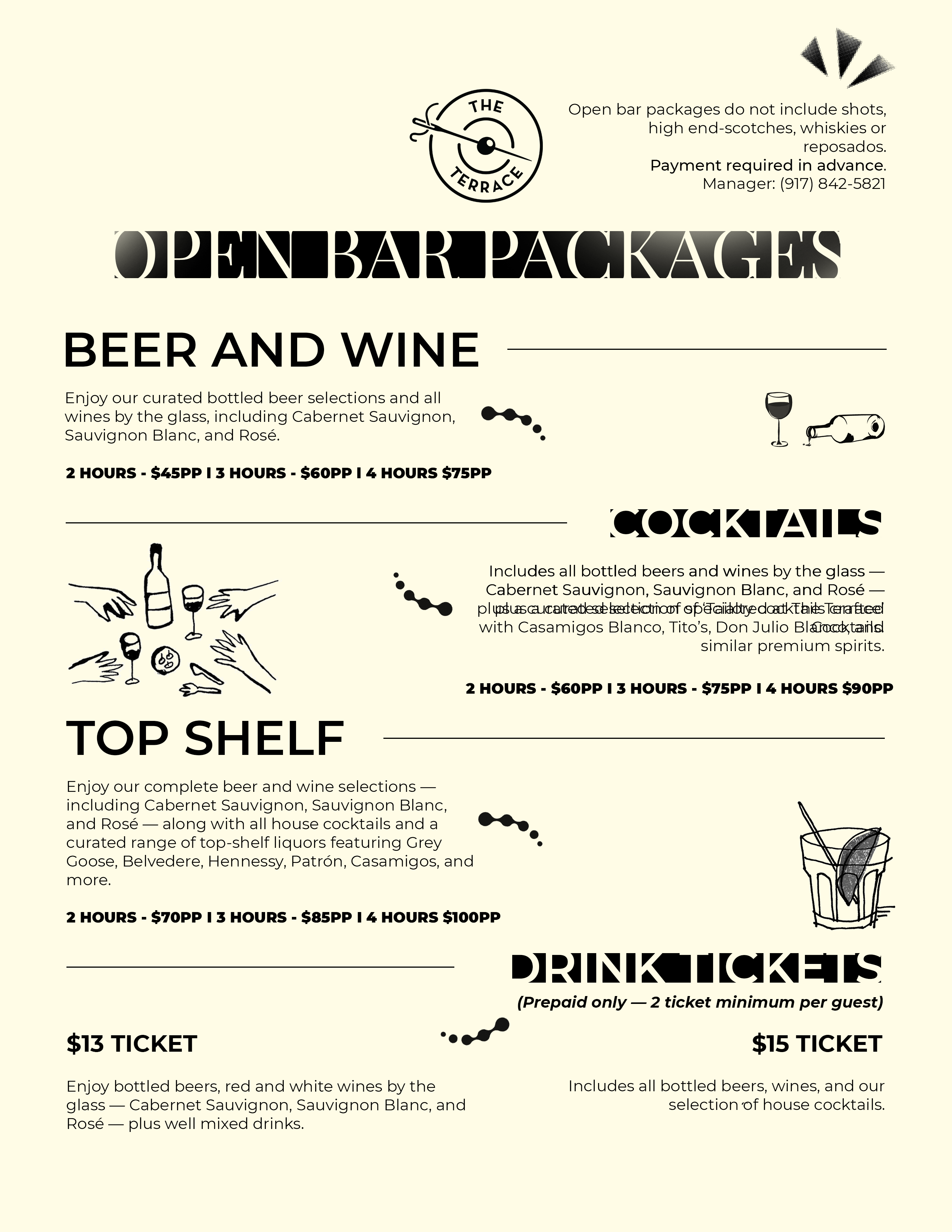 Open bar packages - price menu