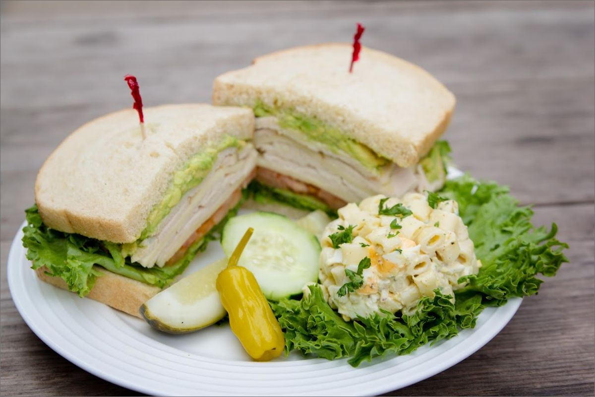 Turkey avocado sandwich, served with pasta