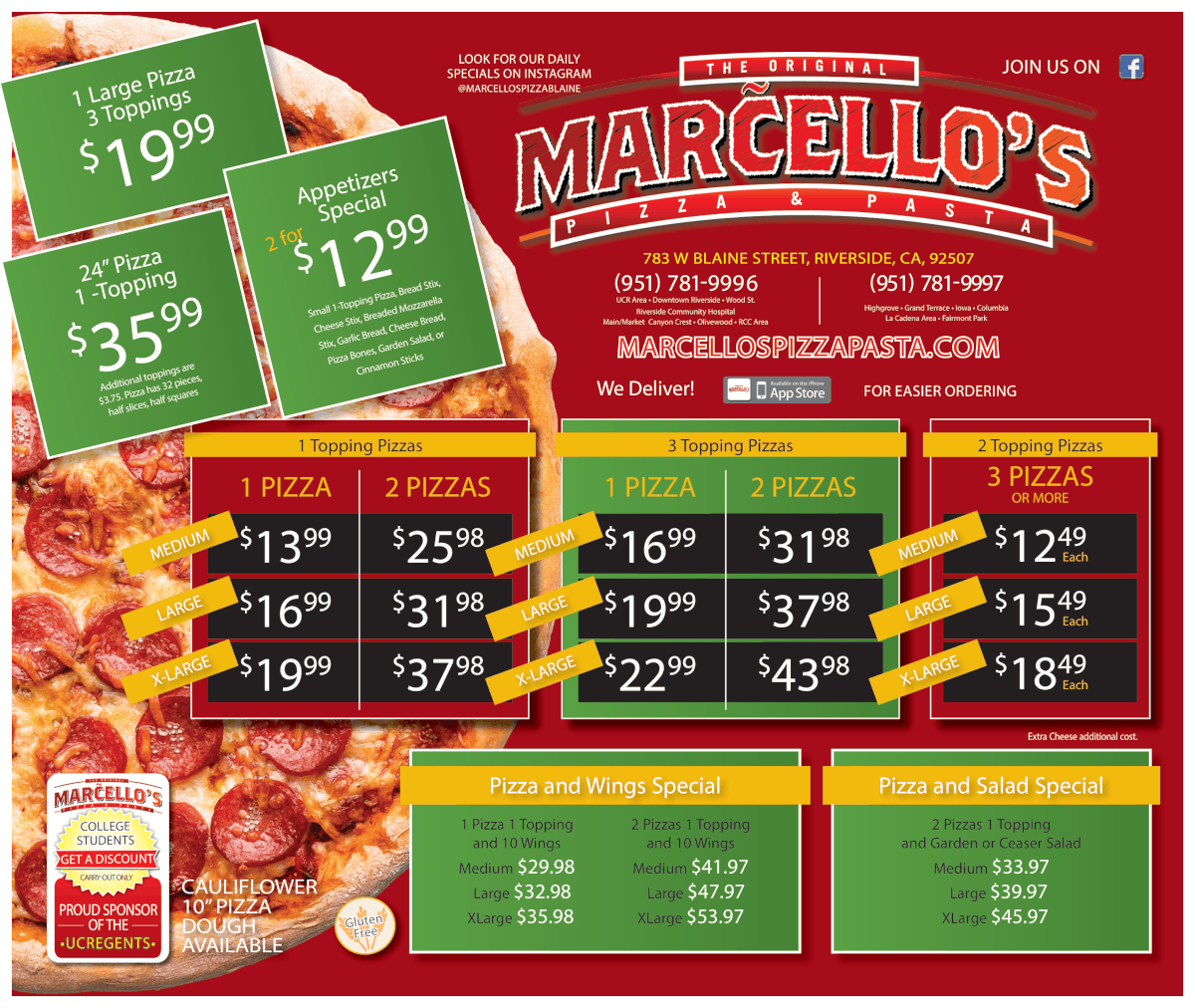 Marcello's pizza & pasta pricing