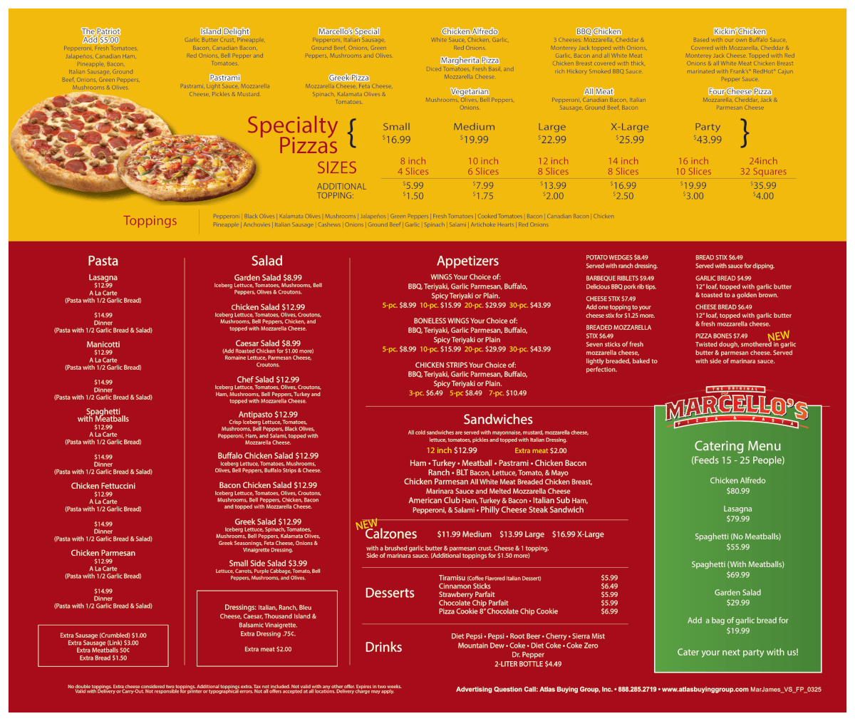 Marcello's pizza & pasta pricing and catering menu