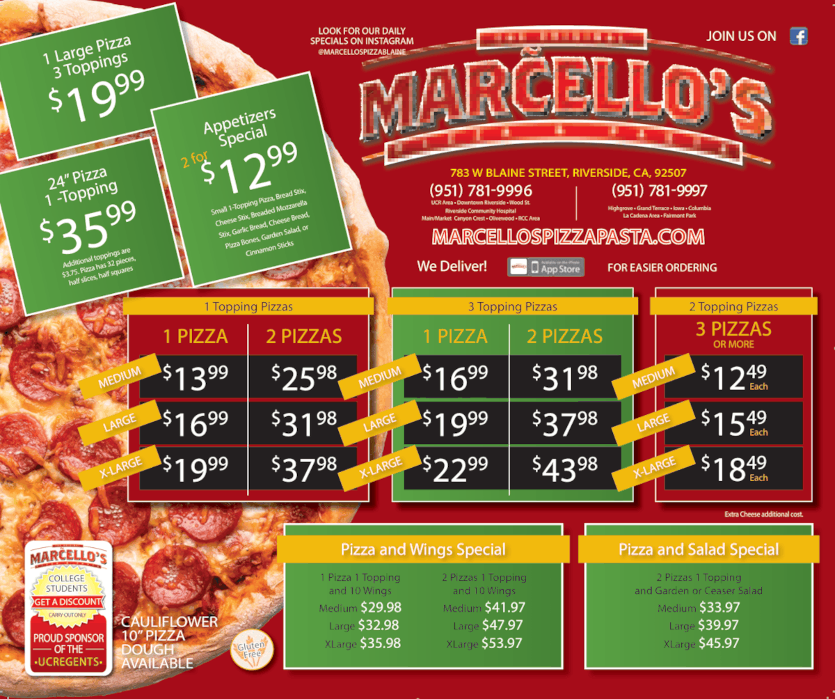 Marcello's pizza & pasta pricing