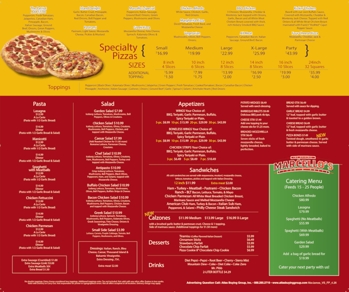 Marcello's pizza & pasta pricing and catering menu