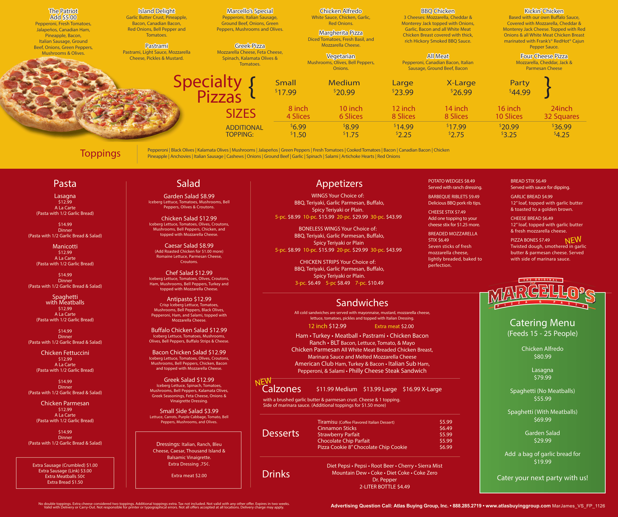 Marcello's pizza & pasta pricing and catering menu