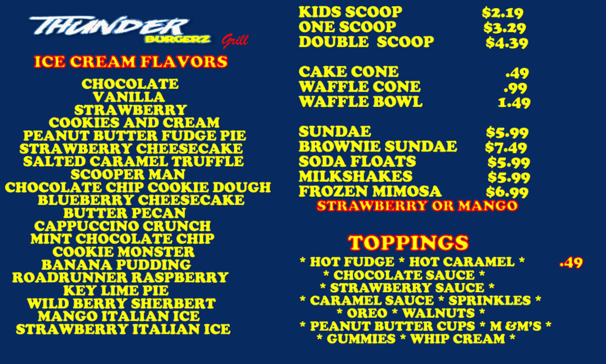 Icecream/Milkshake Bar Menu
