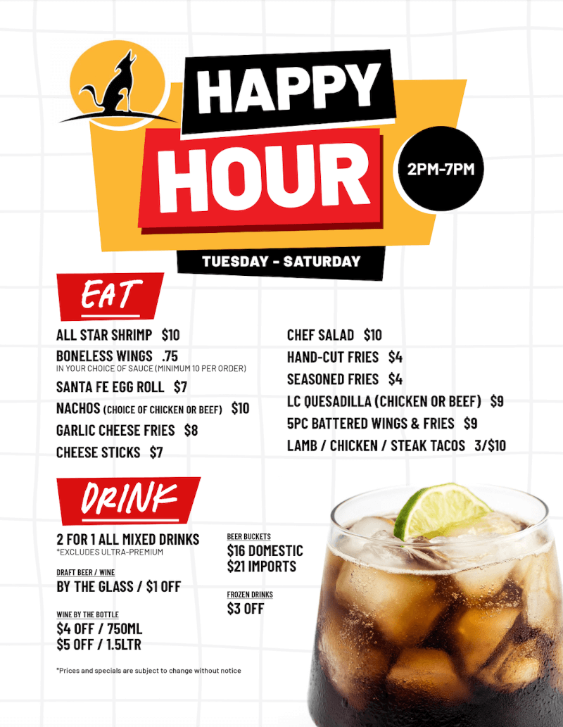 Happy Hour Tuesday to Saturday from 2 PM to 7 PM