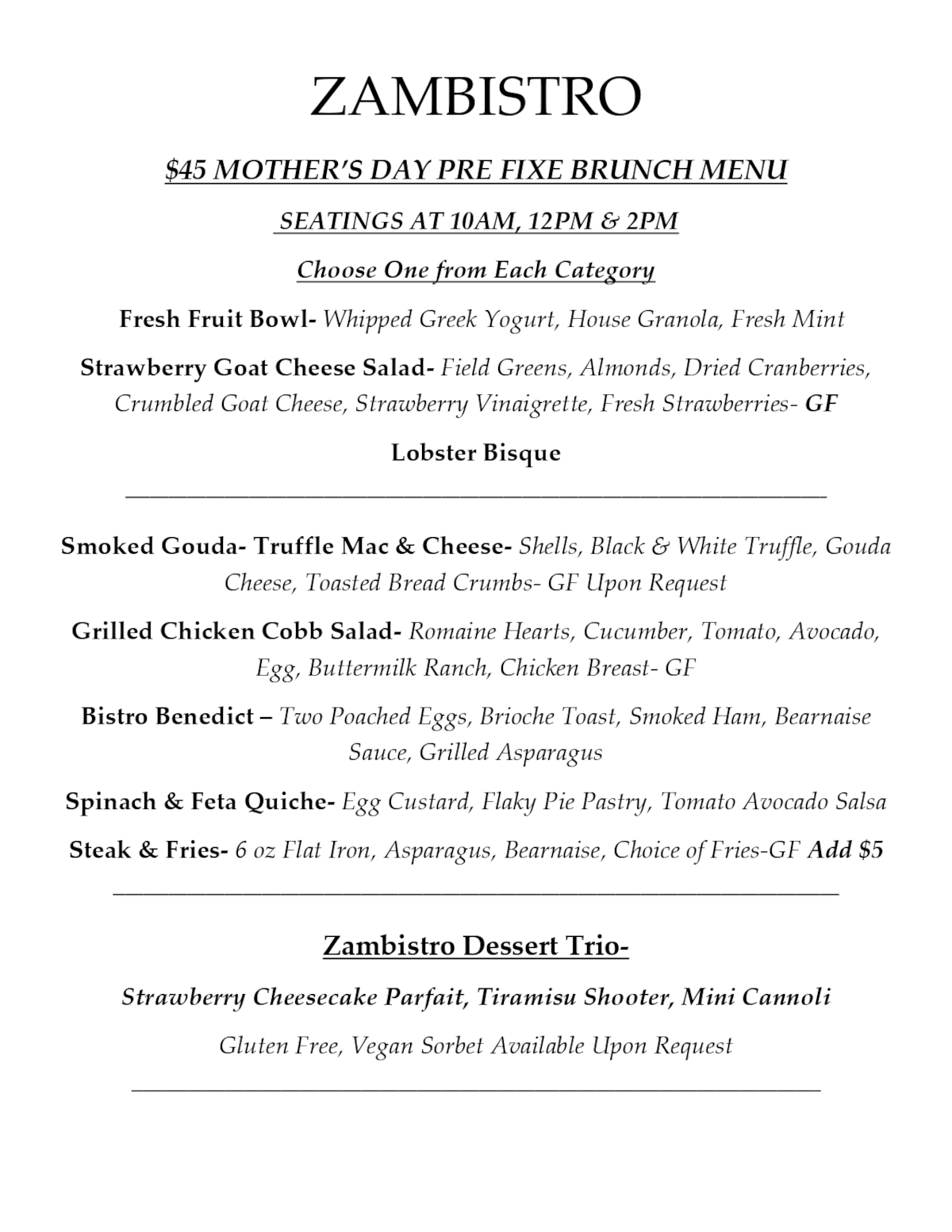 $45 Mother's day pre fixe brunch menu