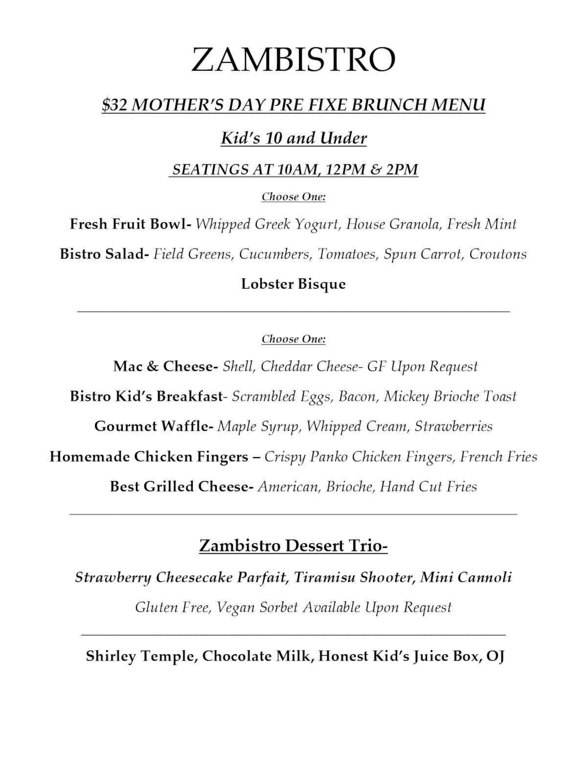 $32 Mother's day pre fixe brunch menu