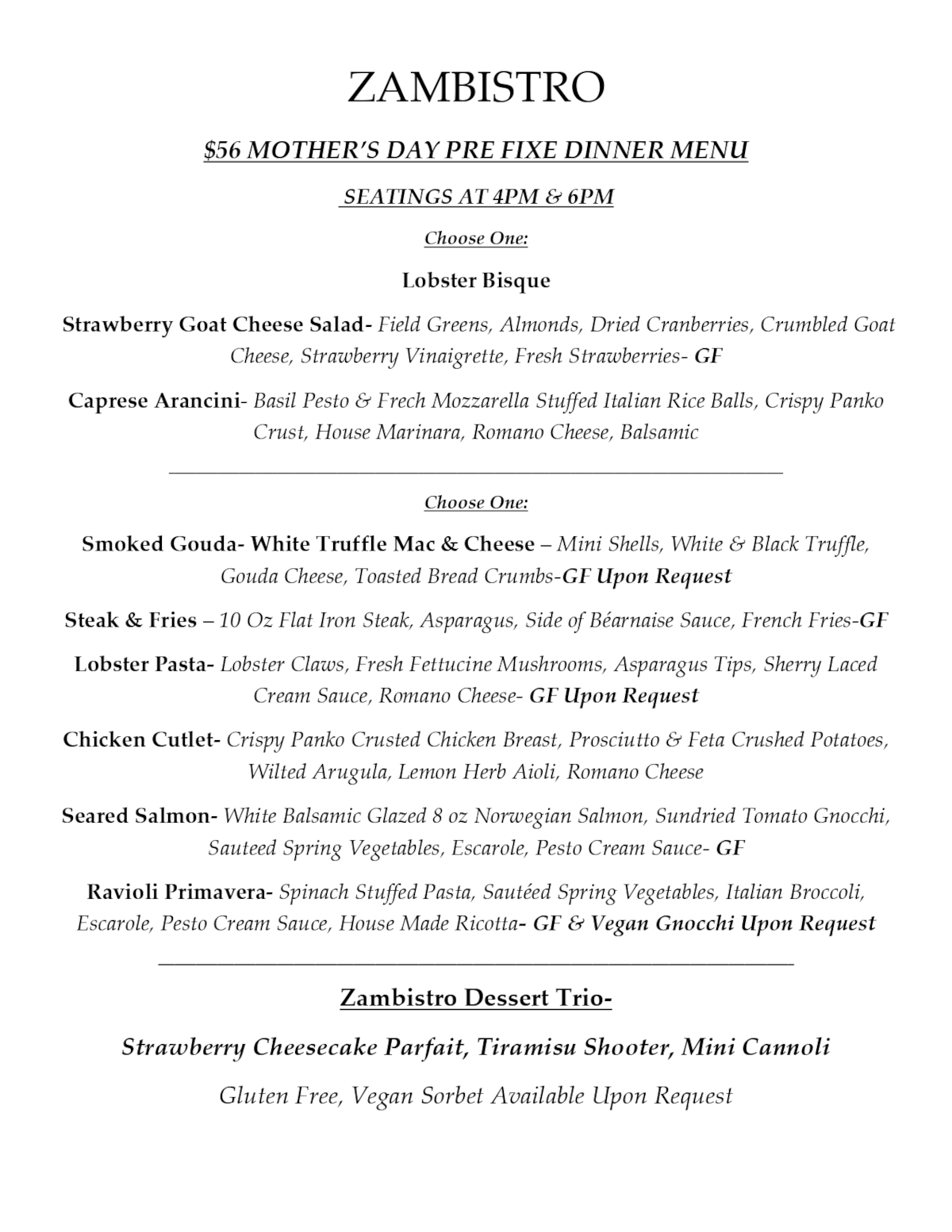 $56 Mother's day pre fixe dinner menu