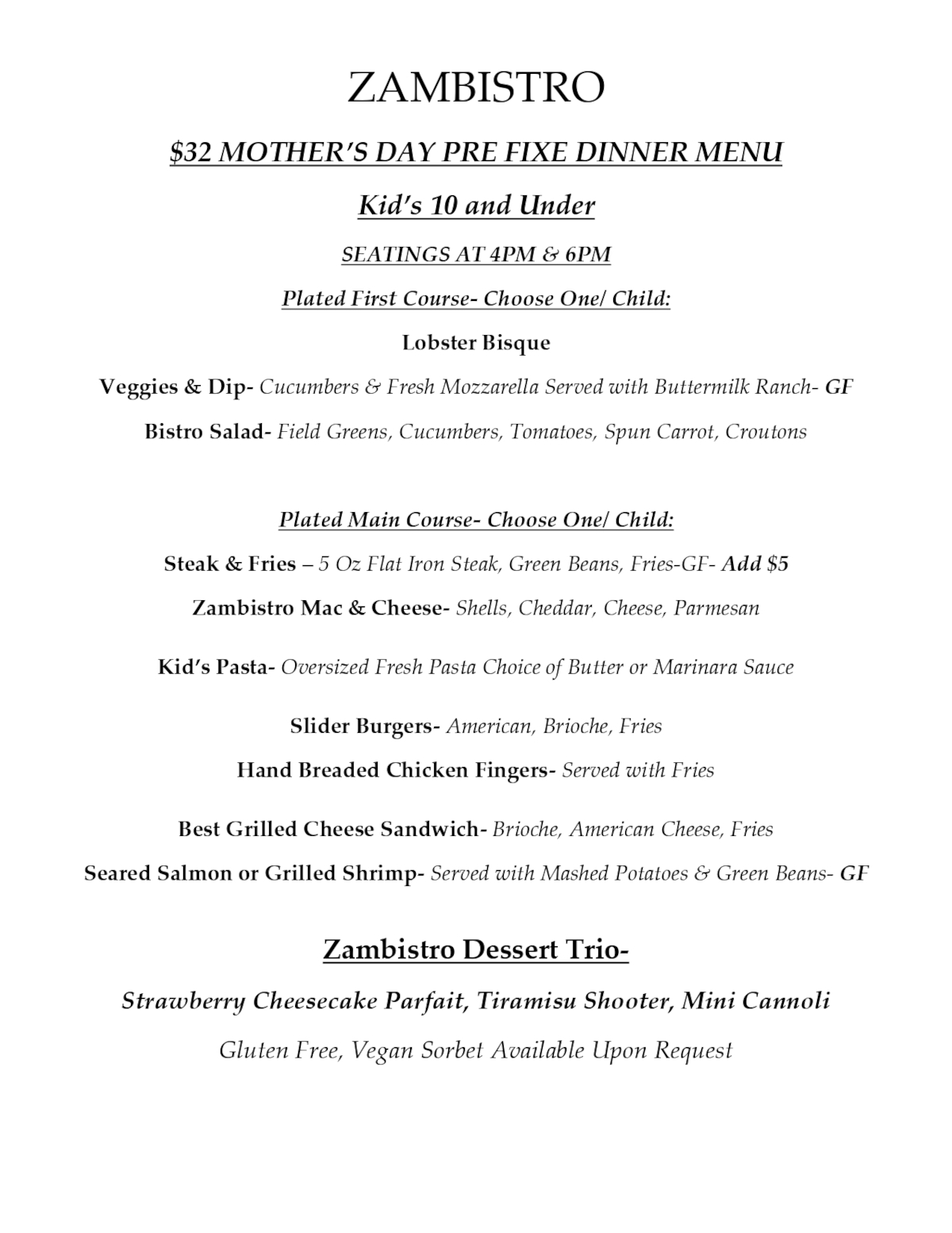 $32 Mother's day pre fixe dinner menu