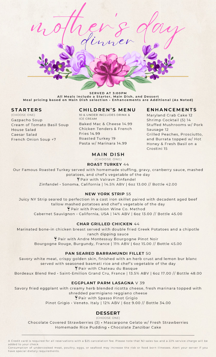 Dinner menu flyer for Mother's Day