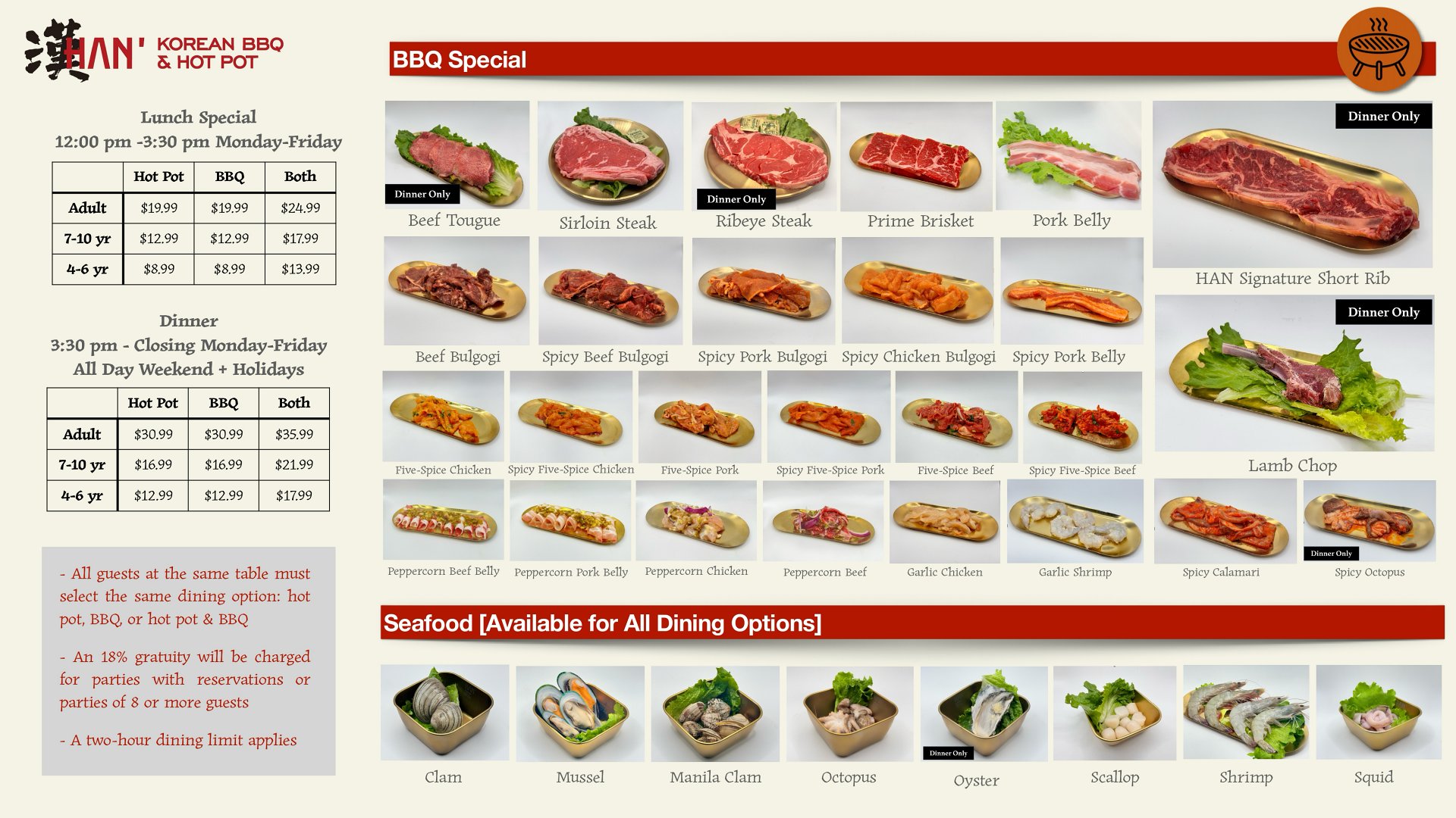 BBQ Special and Seafood Menu