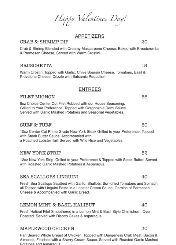 Valentine’s day menu, page one