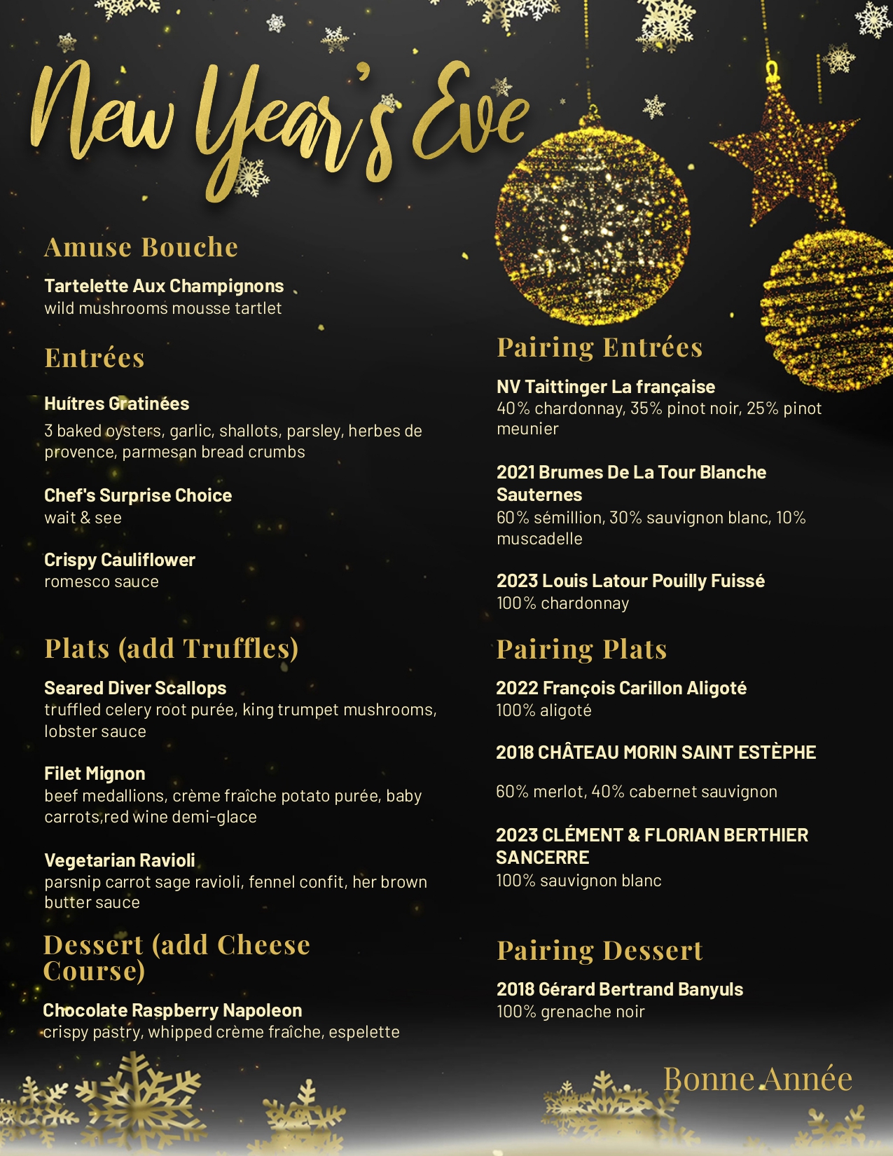 New Year’s Eve menu