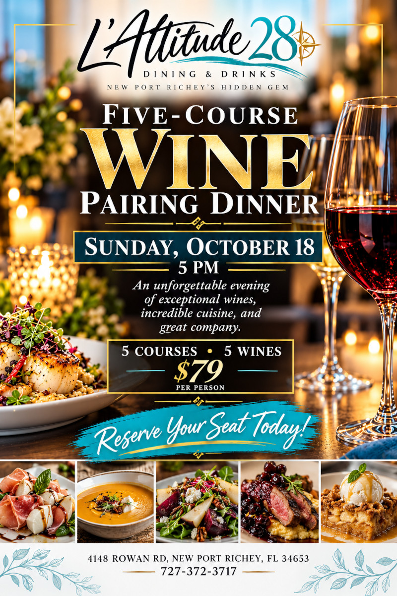 L'Attitude five-course wine pairing dinner, Sunday, October 18th at 5 pm