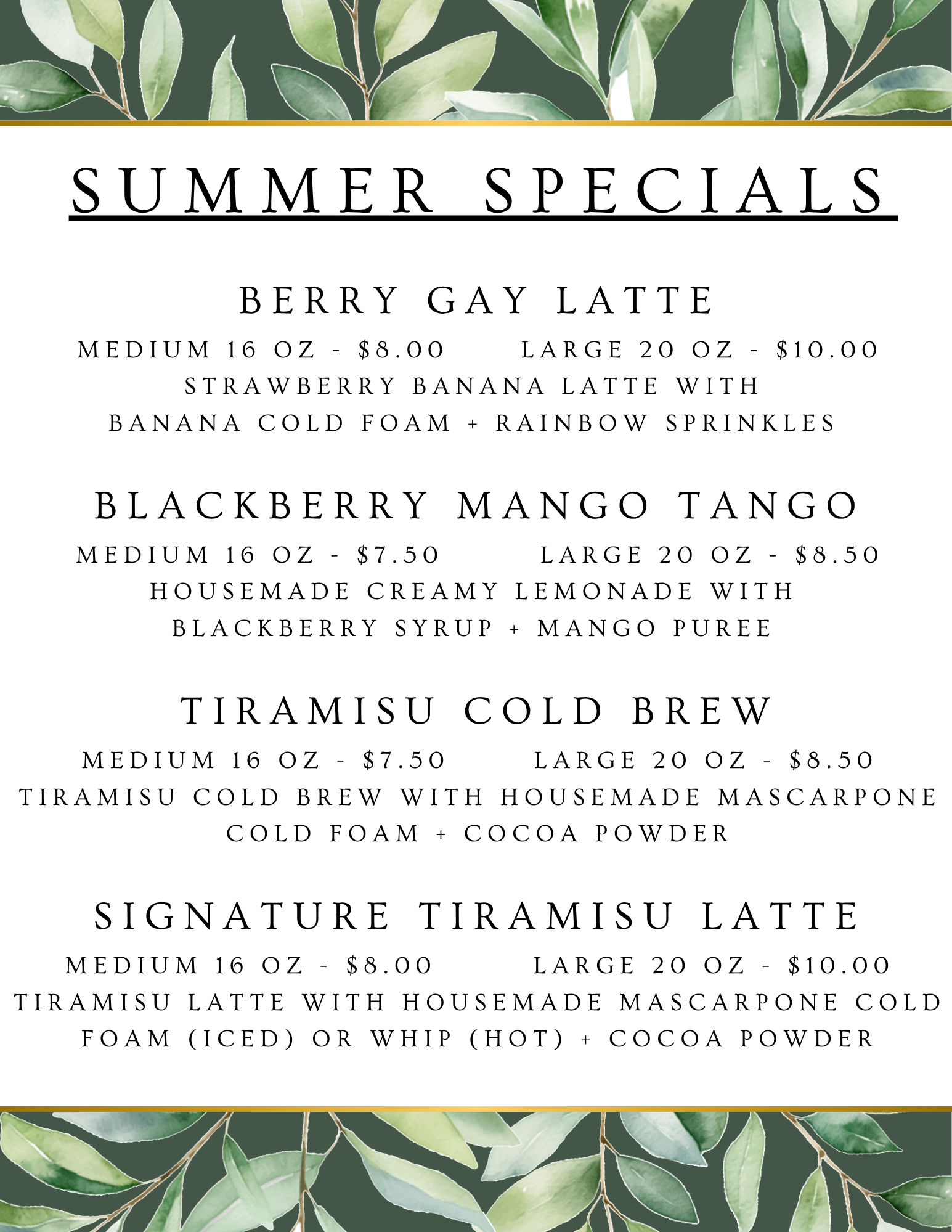 Summer specials menu
