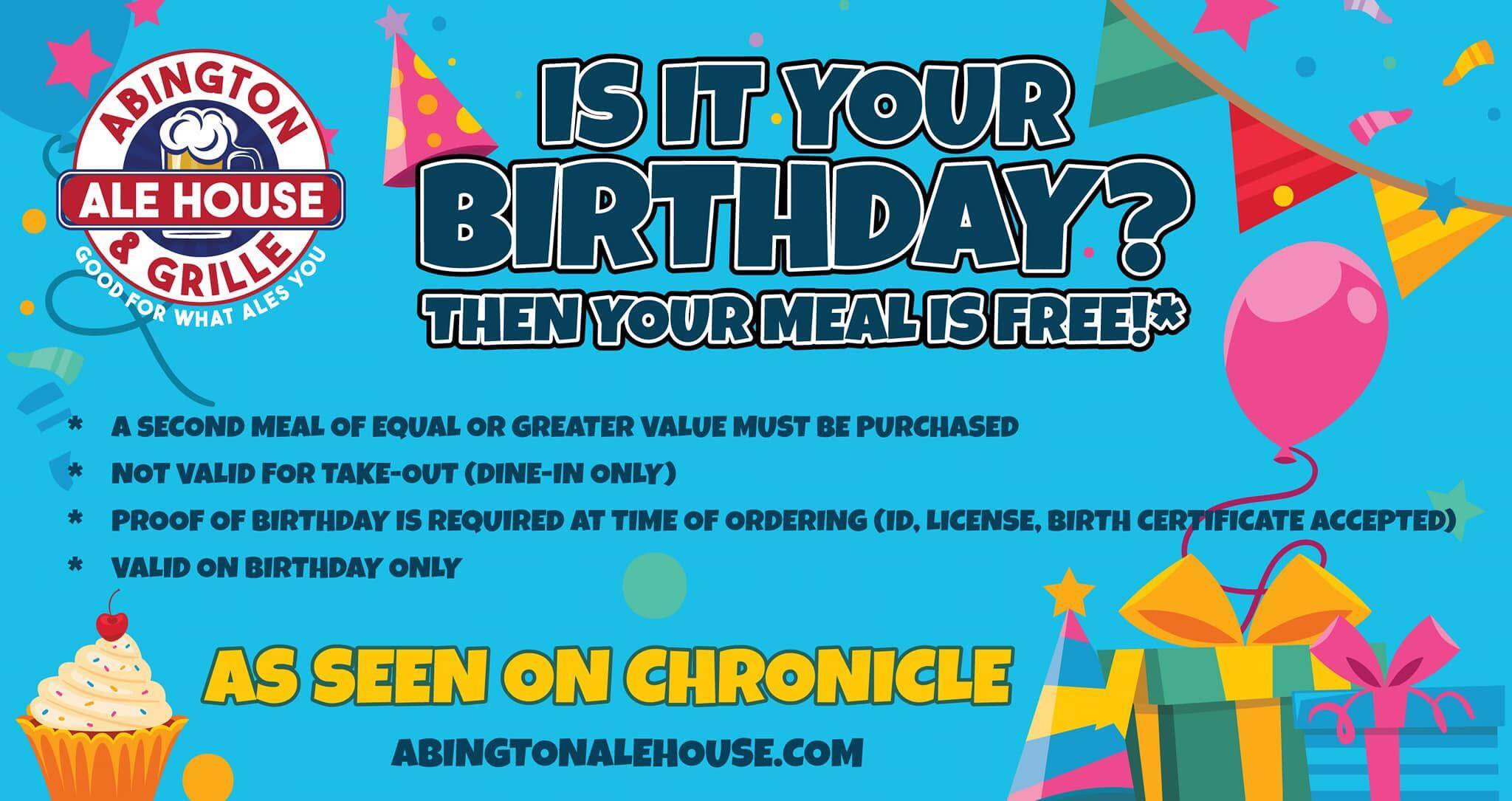 Abington ale house birthday second meal free