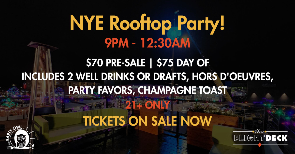 NYE rooftop party 9PM–12:30AM, $70 presale, $75 day of, 21+ only