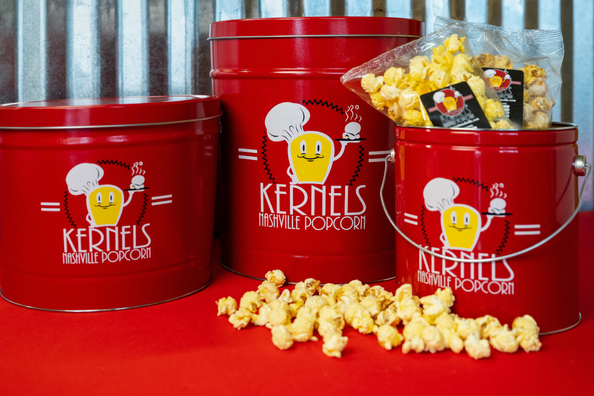 Kernels Nashville Popcorn gift tins filled with popcorn
