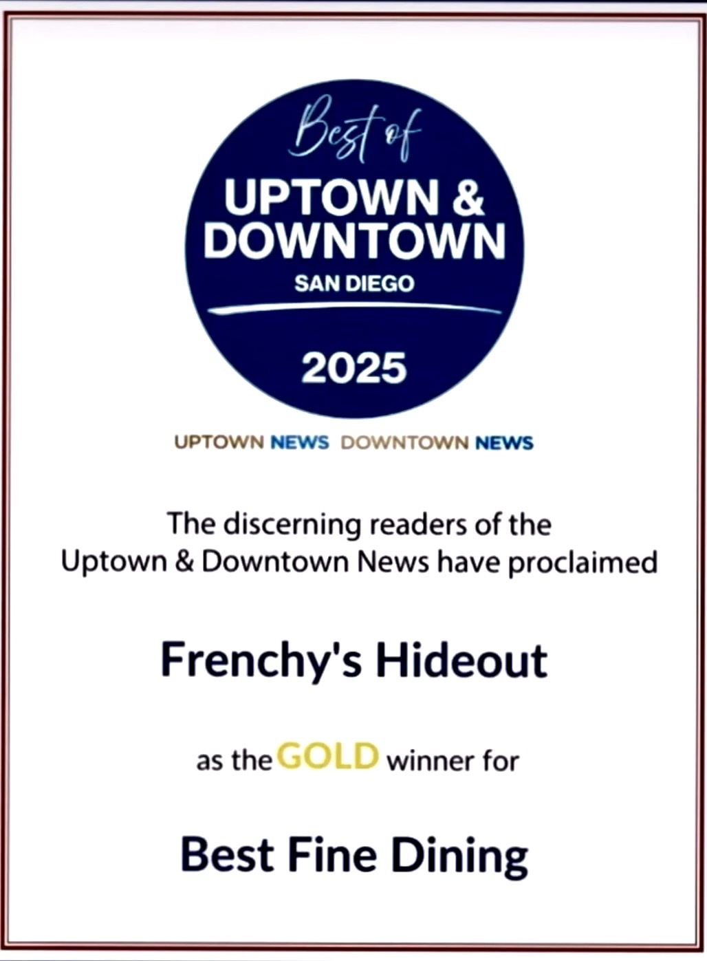 Best of Uptown & Downtown San Diego 2025 Gold Winner - Best Fine Dining
