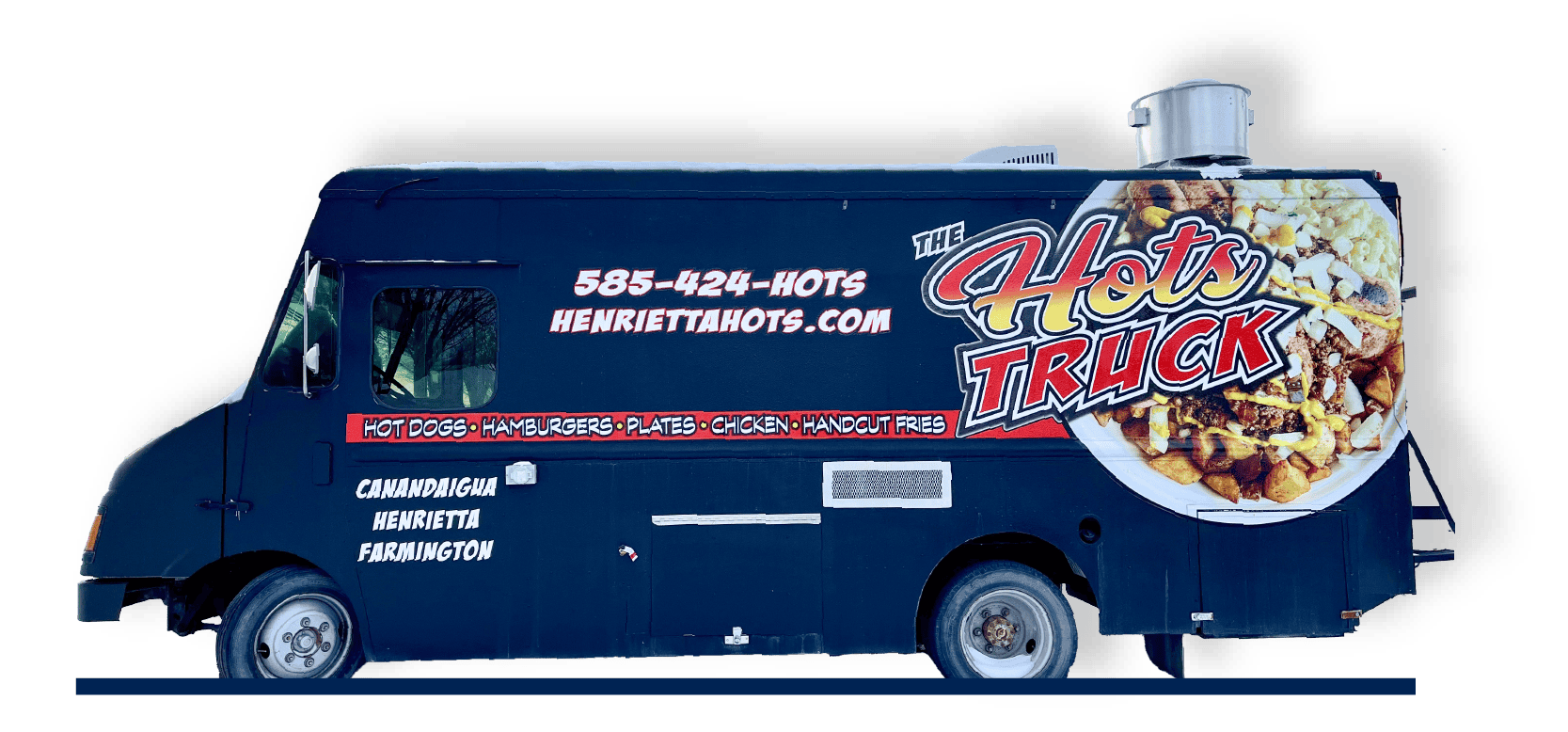 A food truck featuring a sign that reads 'Hots Truck', surrounded by a winter landscape.