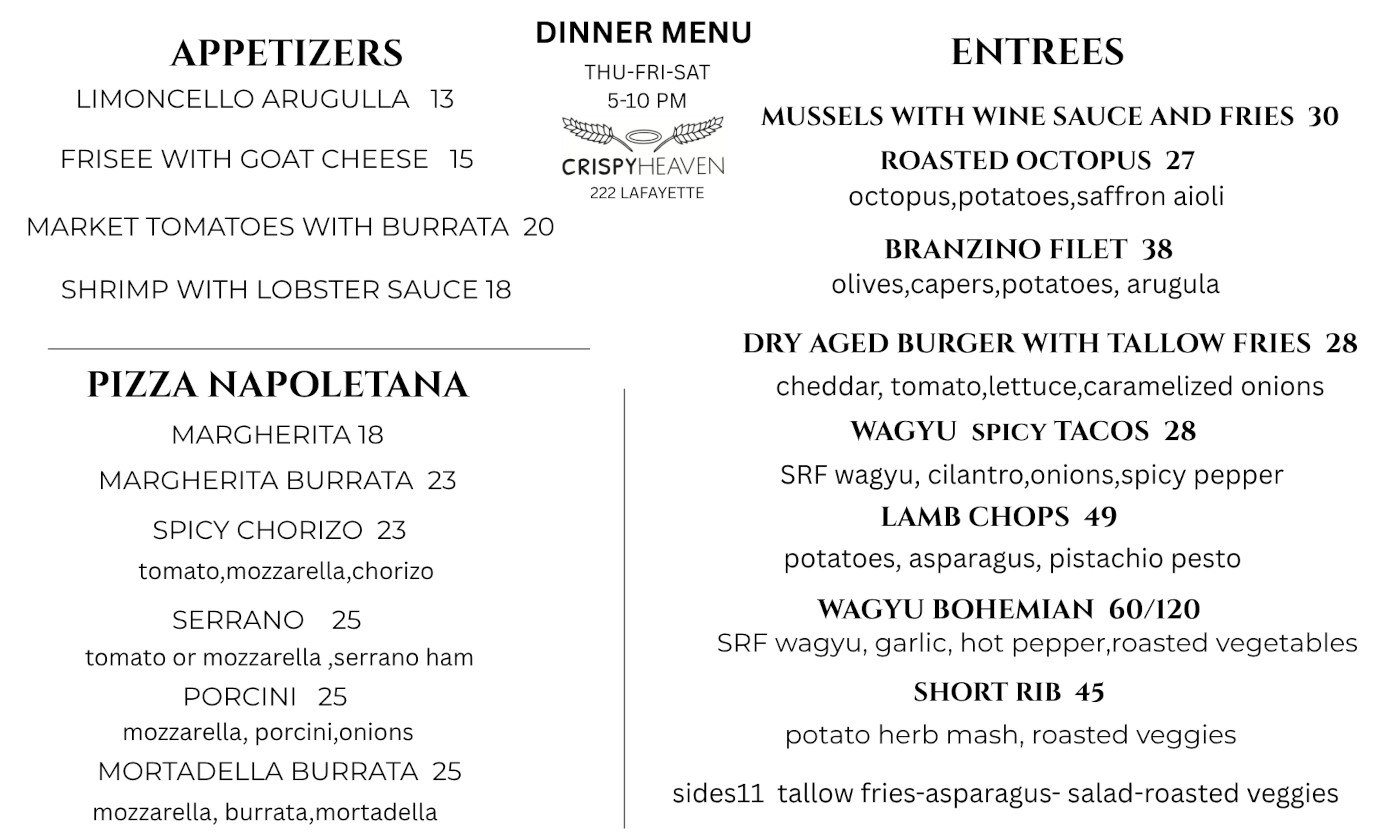 Friday and saturday dinner menu